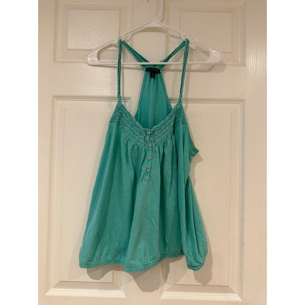 American Eagle Outfitters Vintage Y2K Racerback Ruffle Tank Top Teal Green L